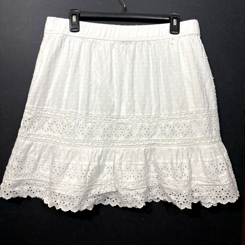 LOFT White Eyelet Skirt Flounce Mini Lined XL Cottagecore Preppy Western Cotton